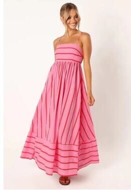Women's Casual Basic Spaghetti Strap Maxi Dress Empire Waist Stripes Dress SZ S